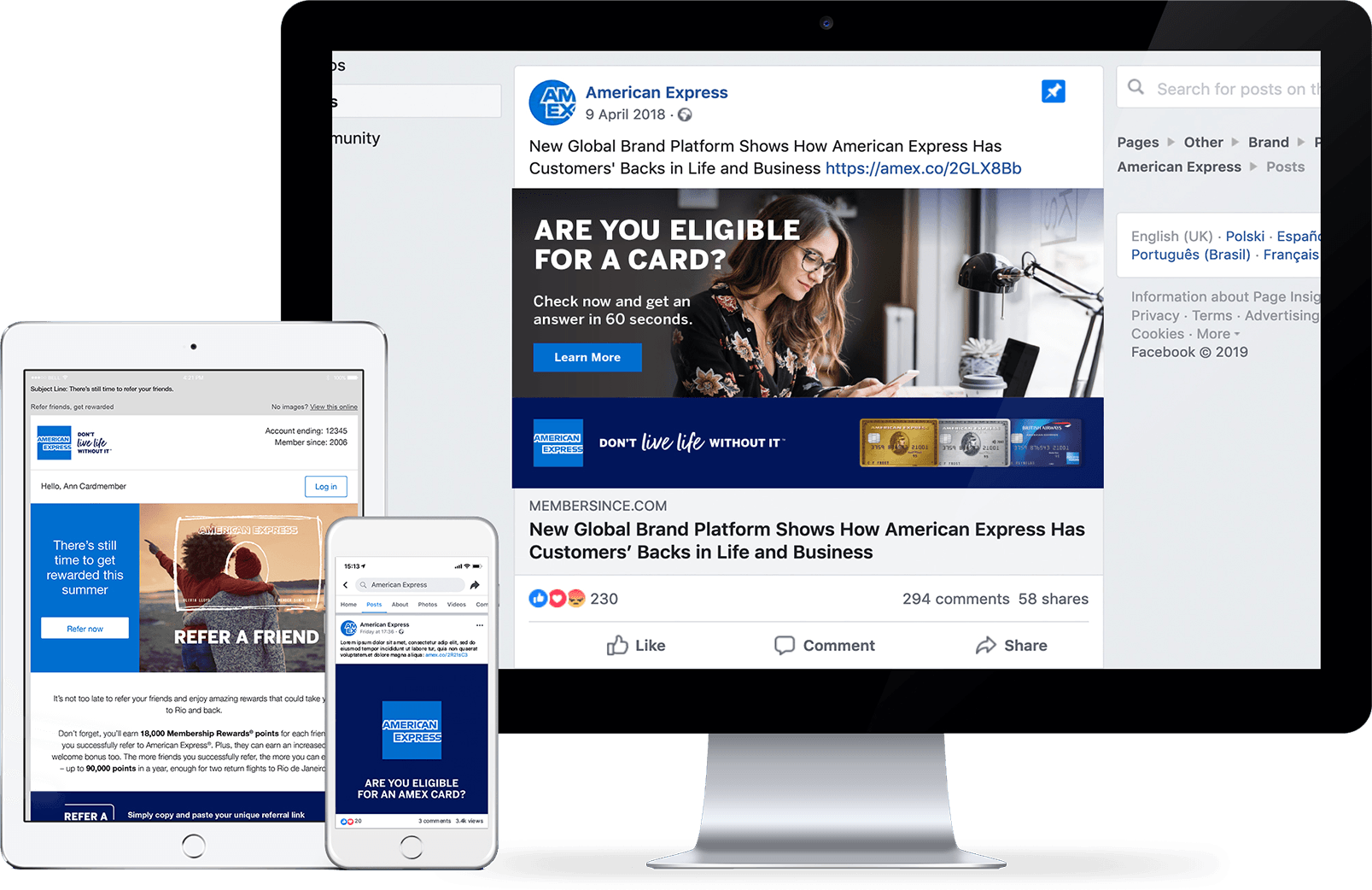 American Express marketing designs on an iMac, iPad and iPhone.